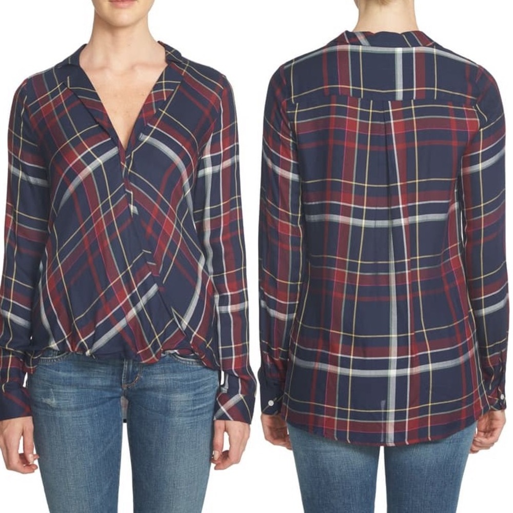 1.STATE Plaid Surplice Tunic Top